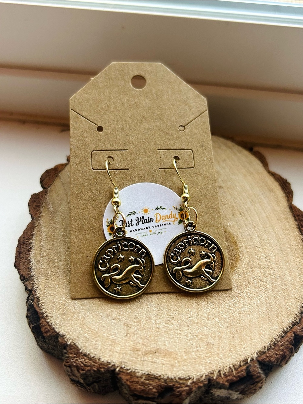 Capricorn Zodiac Dangle Earrings Gold Bronze Astrology Charm Double Sided